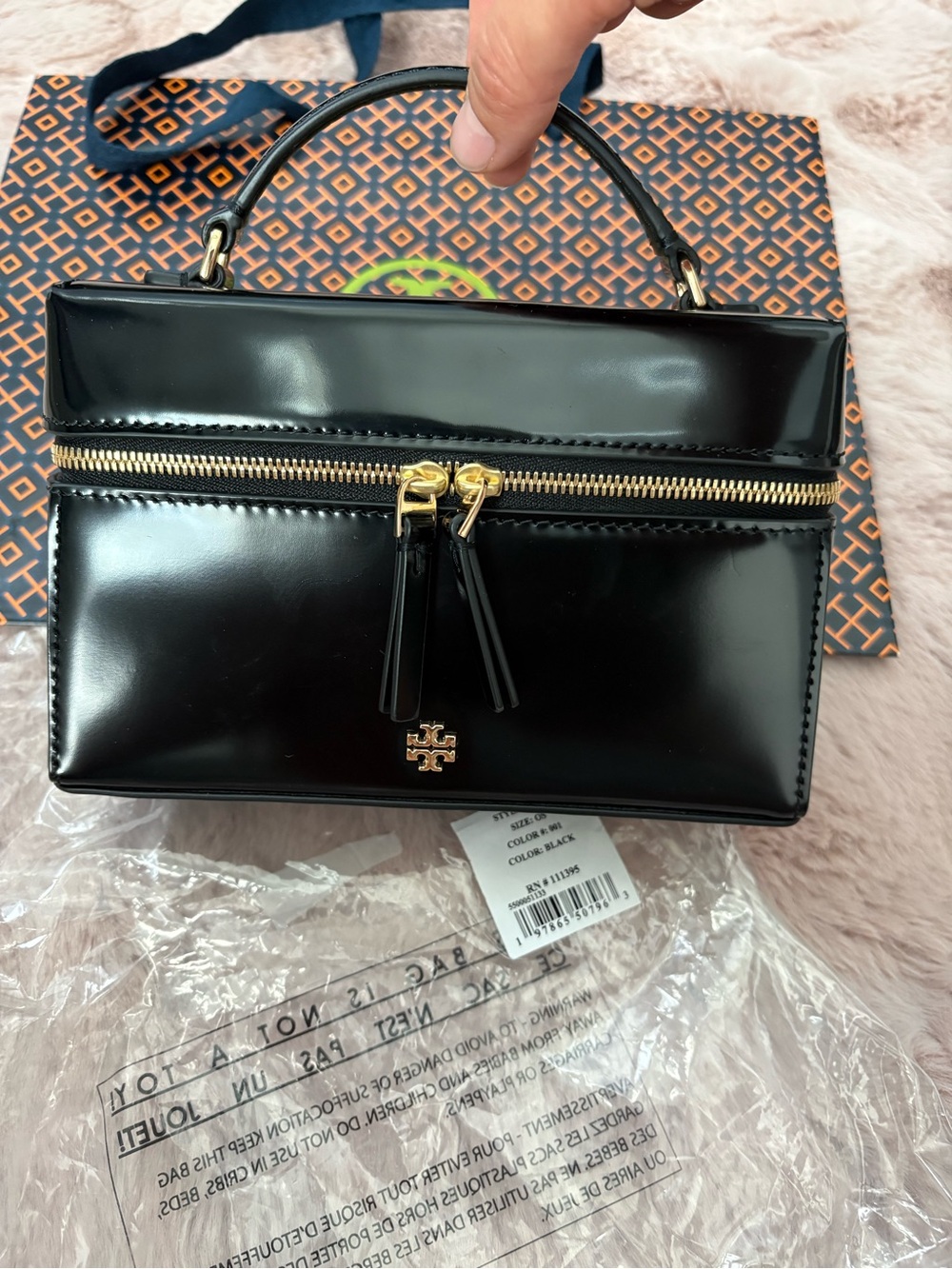 Tory Burch Emerson Black Patent Mini Top-Handle Satchel with Gold Hardware